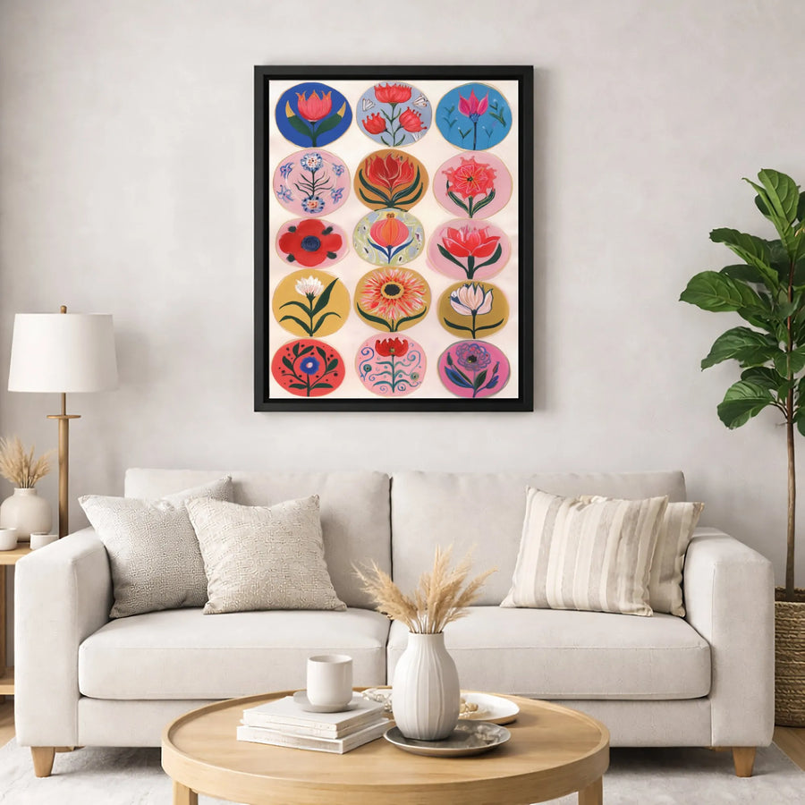 Folk Art Flower Canvas Print | Vibrant Botanical Grid Wall Art | Premium Gallery Wrapped 1.25" Profile | Bohemian Home Decor Gift