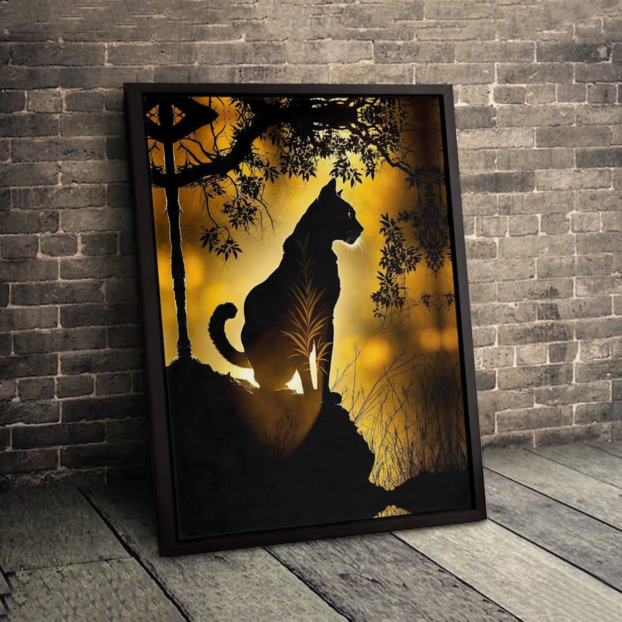 Black Cat Silhouette Canvas Print | Golden Sunset Forest Wall Art | 1.25 Inch Premium Gallery Wrap | Modern Nature Decor Gift for Cat Lovers