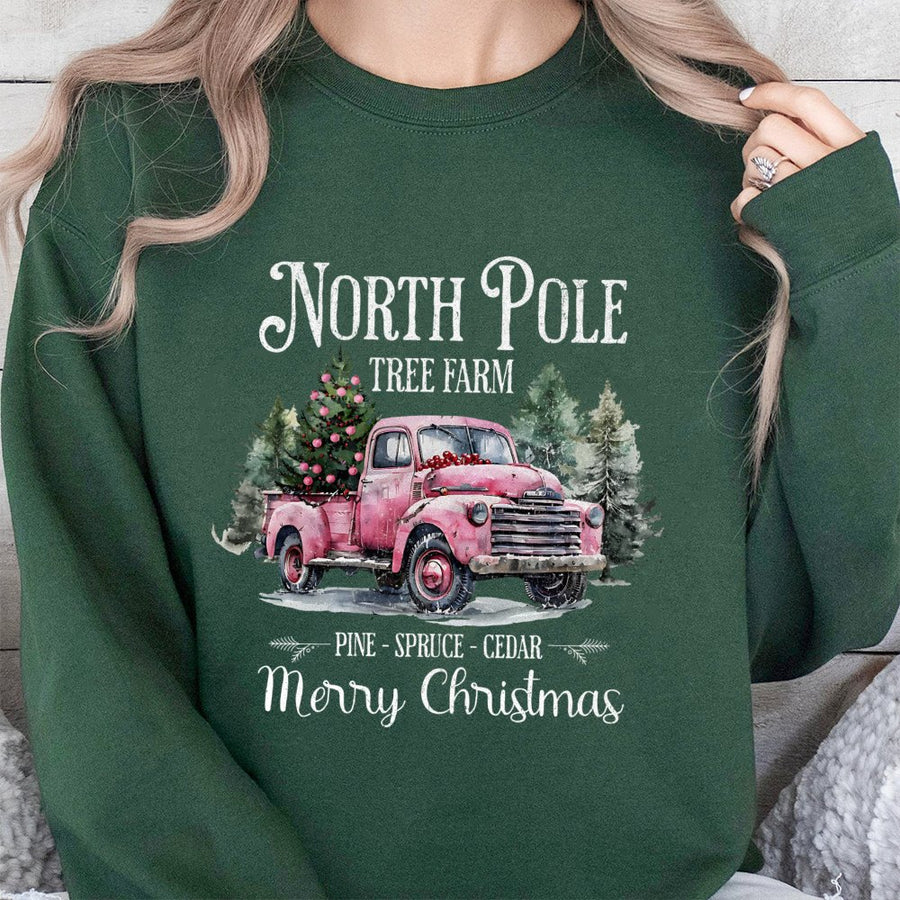 North Pole Tree Farm Sweatshirt | Pink Truck Christmas Graphic | Premium Cotton Blend | Coquette Holiday Gift For Her
