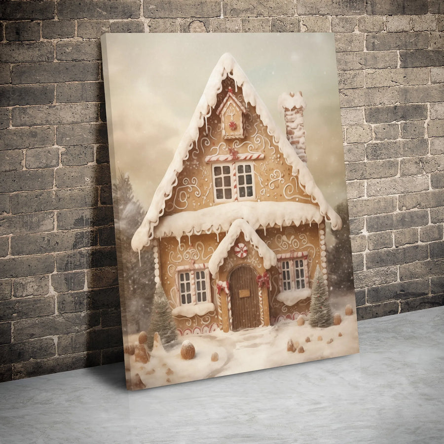 Gingerbread House Christmas Canvas Wall Art | Whimsical Snowy Winter Landscape | Premium Gallery Wrap Decor | Festive Holiday Gift for Home