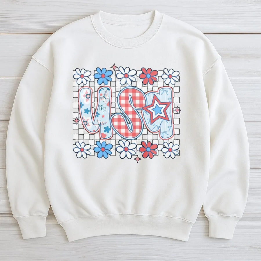Patriotic USA Sweatshirt | Coquette Floral Checkerboard Graphic | Soft Cotton Blend | Preppy 4th of July Gift for Women