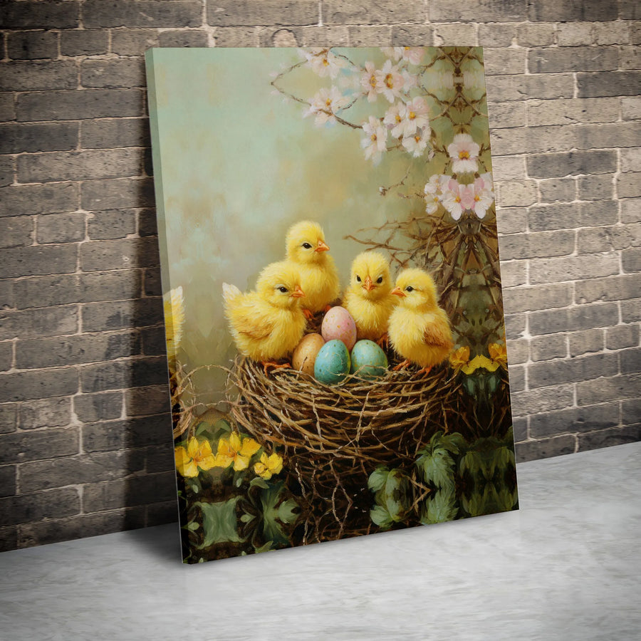 Easter Chicks Canvas Wall Art | Vintage Painting of Baby Birds in Nest | Premium Gallery Wrapped Print | Farmhouse Spring Home Decor Gift