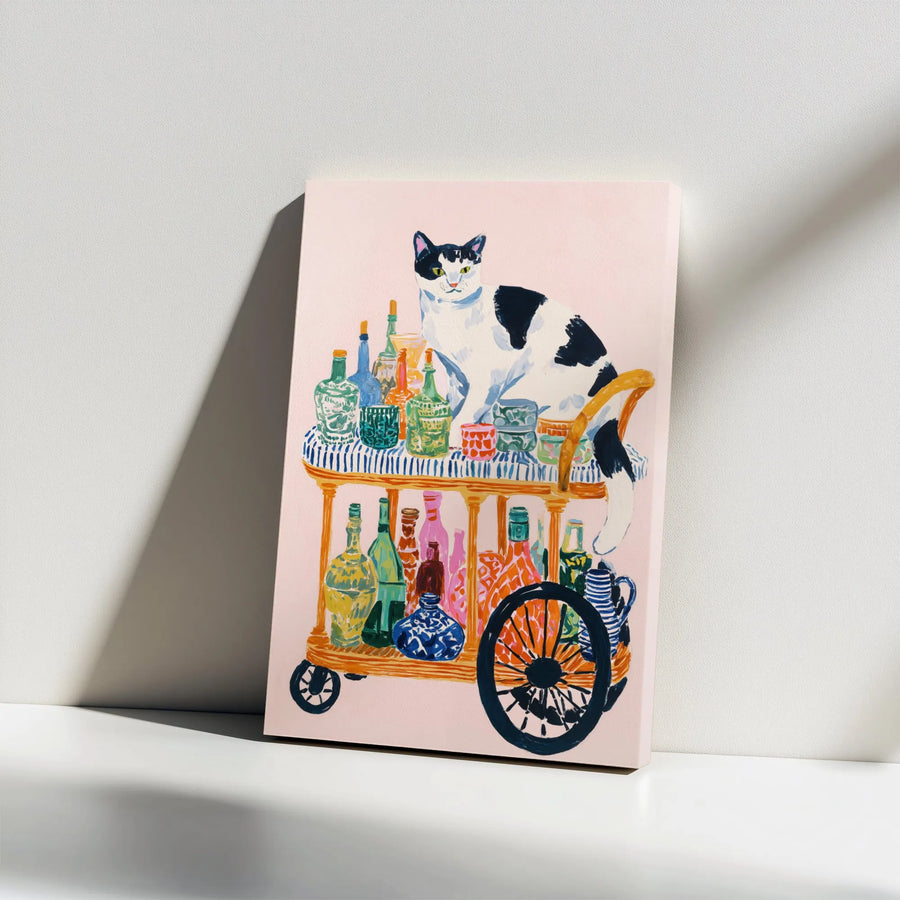 Cat Bar Cart Wall Art | Whimsical Colorful Animal Canvas Print | Premium Gallery Wrap Decor | Gift for Cat Lovers & Home Bar Enthusiasts