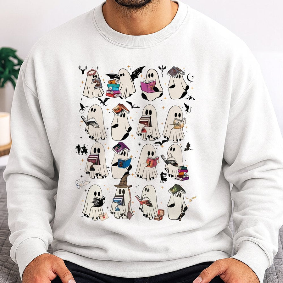 Bookish Ghost Sweatshirt | Retro Reading Fantasy Lover Design | Soft Cotton Blend | Halloween Gift for Bookworms and Bibliophiles