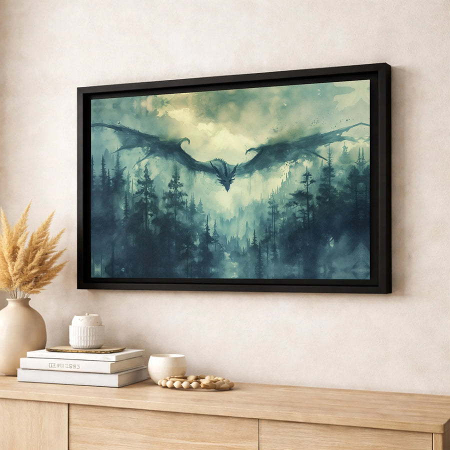 Dragon Wall Art | Watercolor Misty Forest Landscape Canvas | Premium Fade-Resistant Gallery Print | Fantasy Decor Gift for Home Office