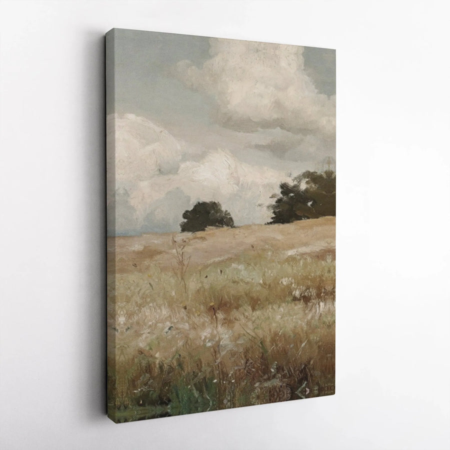 Vintage Landscape Canvas Art | Cloudy Meadow Field Oil Painting Style | Premium Gallery Wrap Wall Decor | Farmhouse Aesthetic Living Room Wall Art