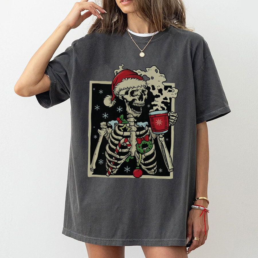 Dead Inside Skeleton Christmas T-Shirt | Sarcastic Holiday Coffee Graphic Tee | Premium 100% Cotton Apparel | Funny Gift for Coffee Lovers