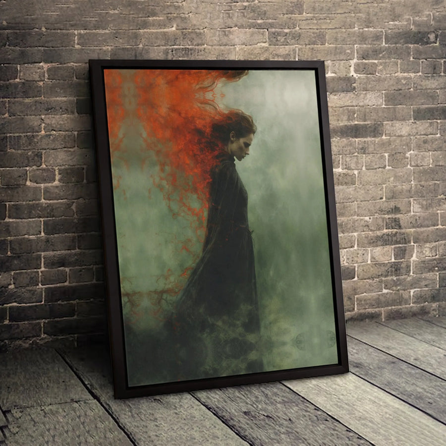 Dark Fantasy Wall Art | Gothic Woman With Fiery Red Hair | Premium Gallery Wrapped Canvas | Moody Surreal Decor Gift for Home