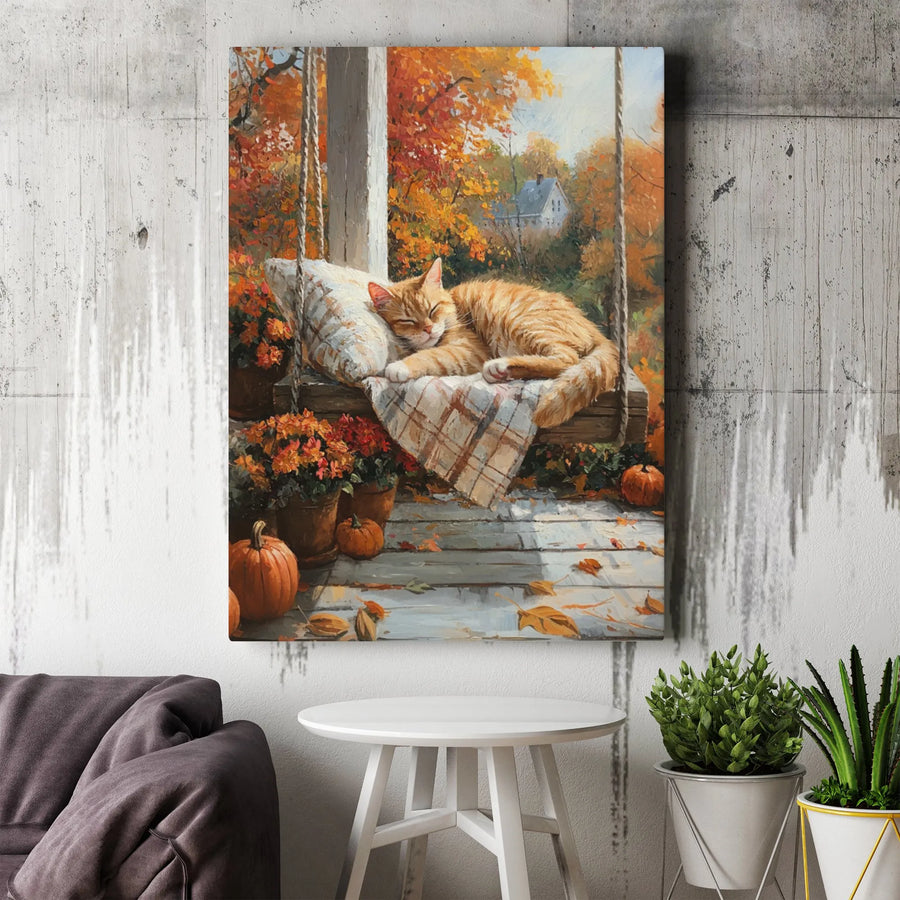 Autumn Cat Wall Art | Sleeping Ginger Tabby on Porch Swing Canvas | Premium Fade-Resistant Print | Cozy Fall Home Decor Gift