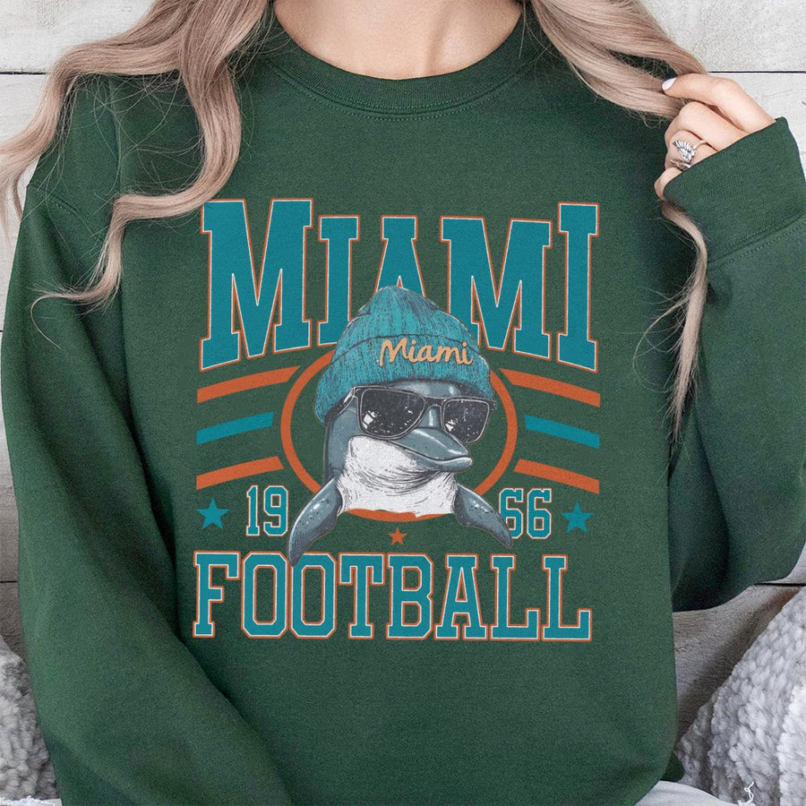 Miami 1966 Football With Dolphin Mascot Wearing Beanie And Sunglasses Sweatshirt
