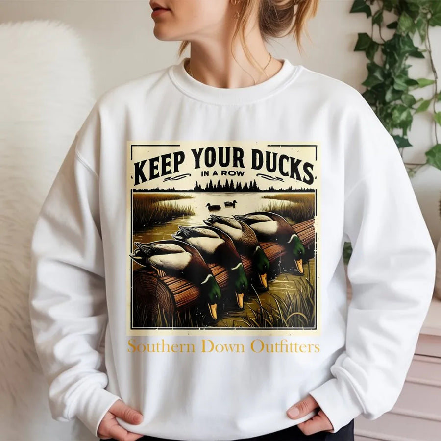 Keep Your Ducks In A Row Sweatshirt | Vintage Mallard Duck Hunting Graphic | Premium Cotton Blend | Gift For Outdoorsman And Nature Lovers