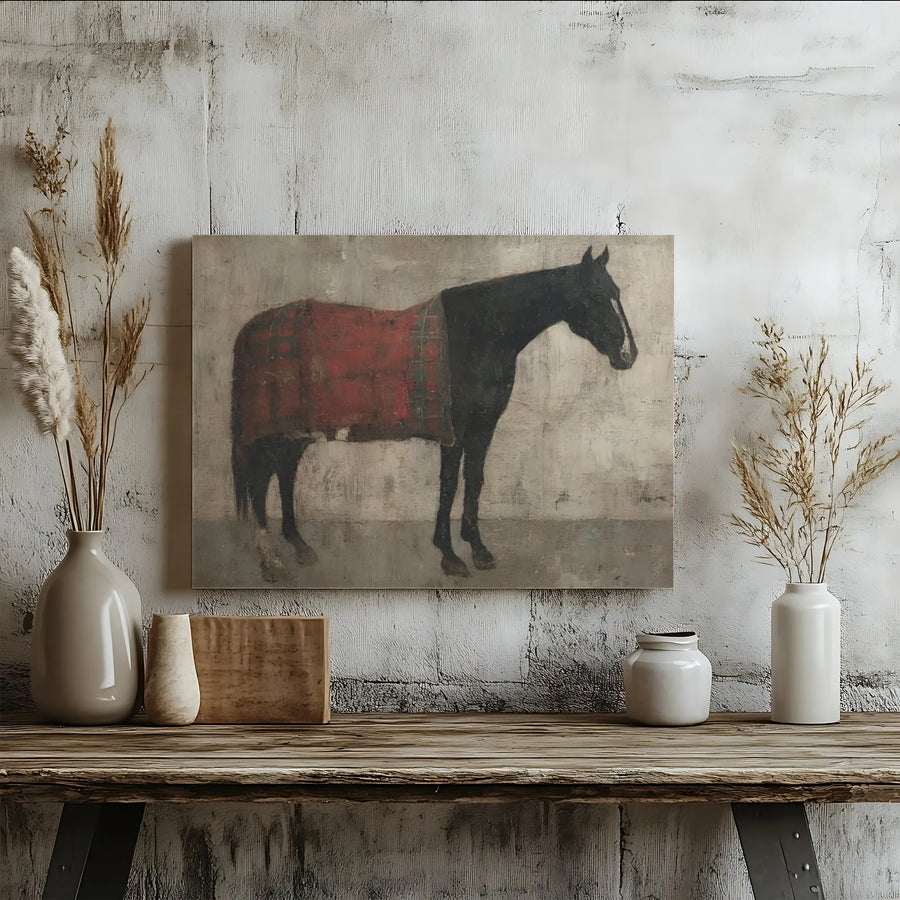 Black Horse Wall Art | Rustic Equestrian Painting with Red Blanket | Premium Gallery Wrapped Canvas | Farmhouse Home Decor for Horse Lovers