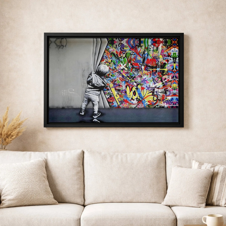Graffiti Wall Canvas Art | Street Art Boy Pulling Curtain Print | Premium 1.25" Gallery Wrap | Modern Urban Living Room Decor