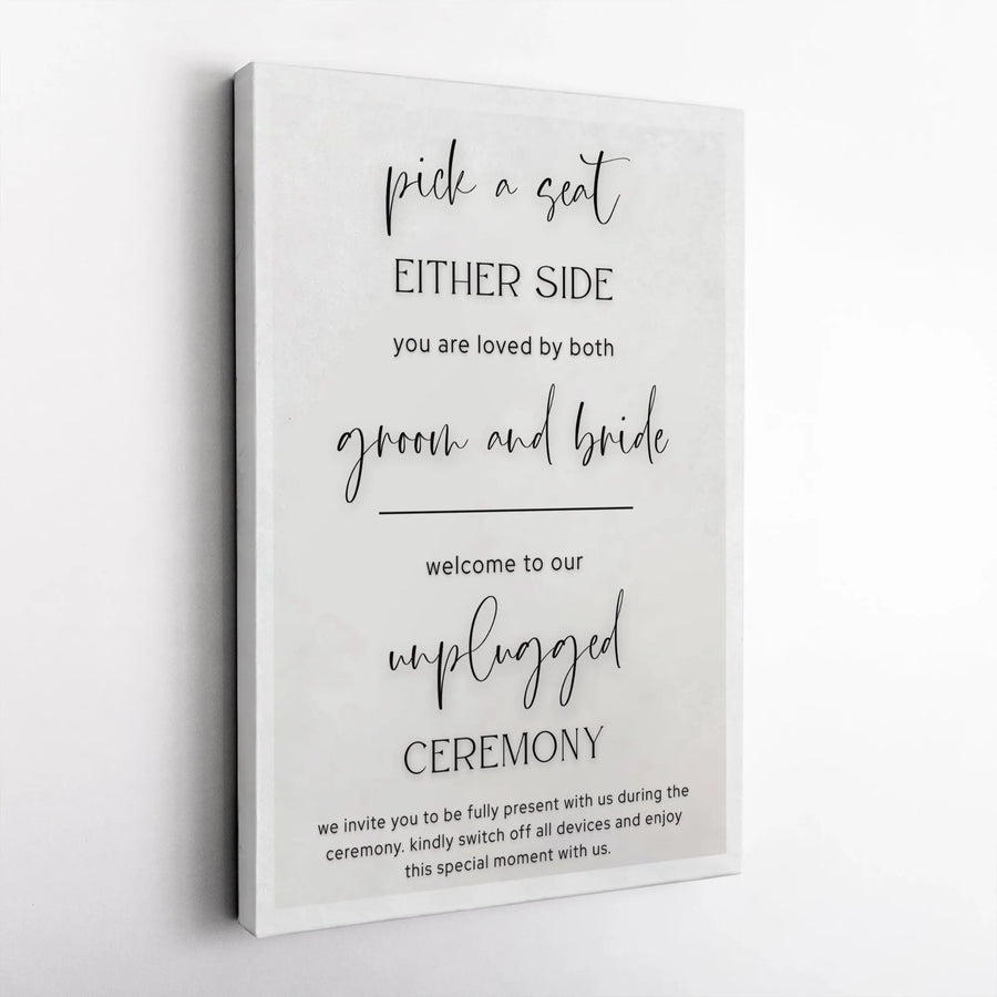 Unplugged Ceremony Wedding Sign | Pick A Seat Either Side Minimalist Canvas | Gallery Quality Decor | Modern Wedding Welcome Sign Gift