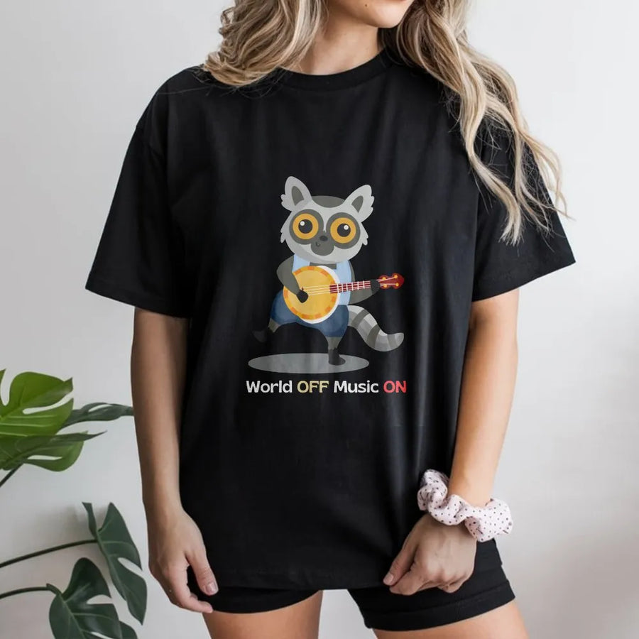 Cartoon Lemur Music T-Shirt | World Off Music On Graphic Print | Premium Unisex Pullover | Gift for Musician and Banjo Player