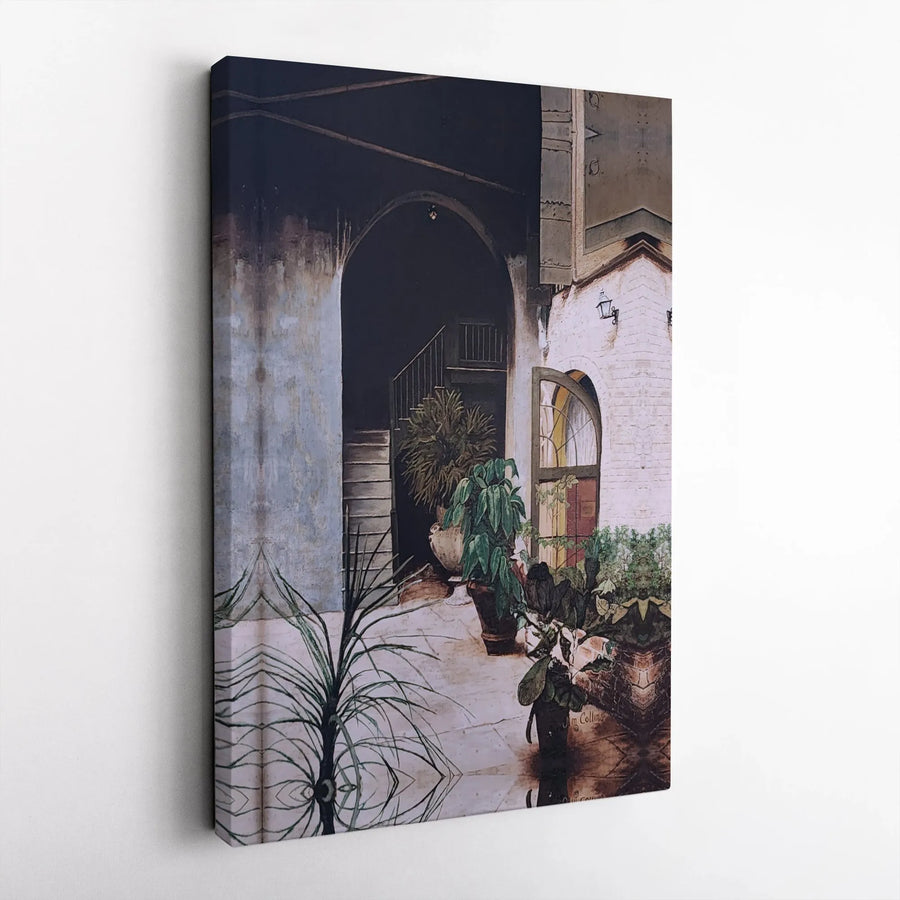 Rustic Courtyard Wall Art | Mediterranean Garden Oil Painting Style | Premium Gallery Wrap Canvas | Vintage Home Decor Gift