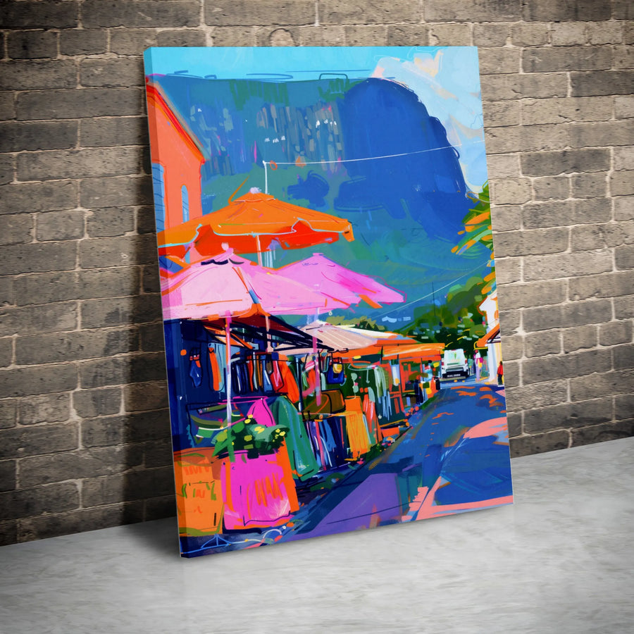 Colorful Street Market Canvas Art | Vibrant Impressionist Cityscape Print | Premium 1.25 Inch Gallery Wrap | Modern Home Office Wall Decor Gift