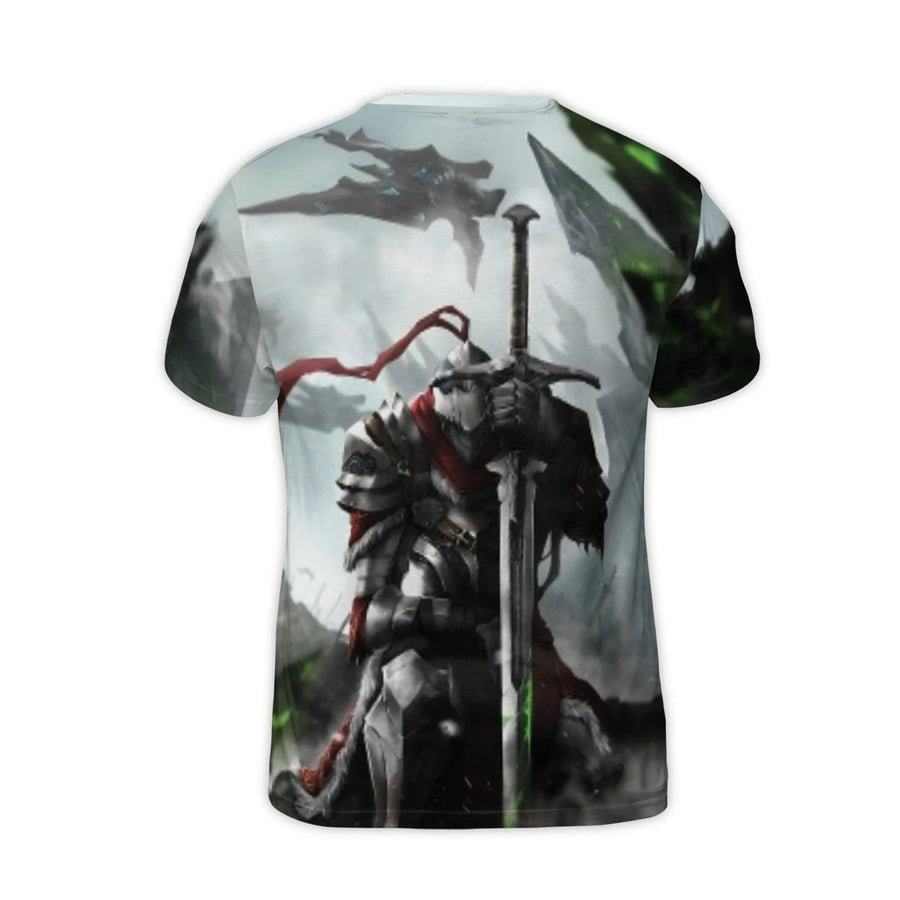 Kneeling Knight T-Shirt | Fantasy Warrior All-Over Print | Premium Polyester Blend | Epic Gaming Gift for Men
