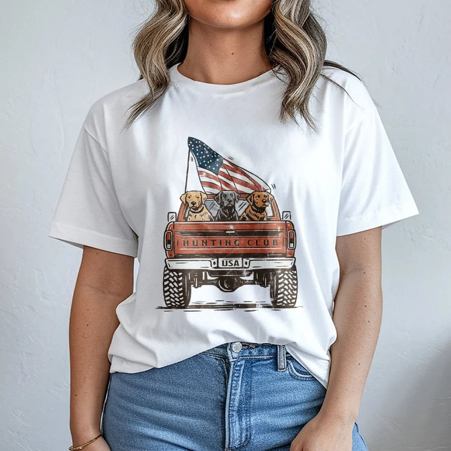 Patriotic Labrador T-Shirt | Vintage Hunting Club Truck with USA Flag | Premium Graphic Tee | 4th of July Gift for Dog Lover