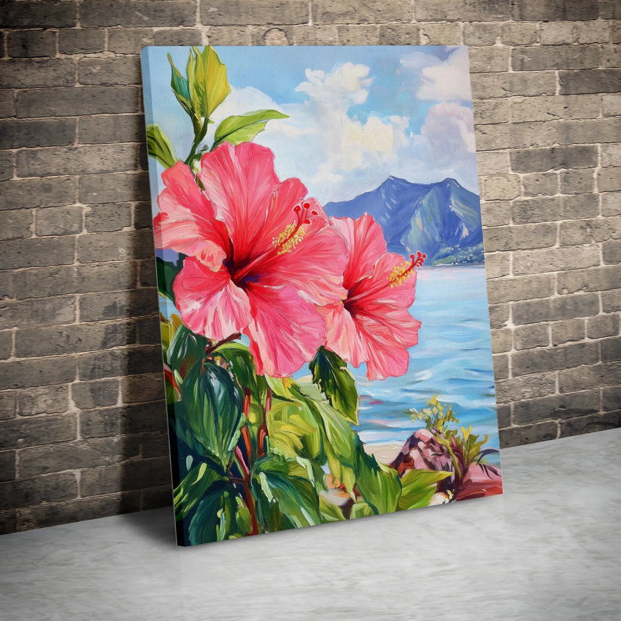 Tropical Hibiscus Canvas Wall Art | Vibrant Coastal Seascape Painting Print | Premium Gallery Canvas | Living Room Botanical Decor Gift