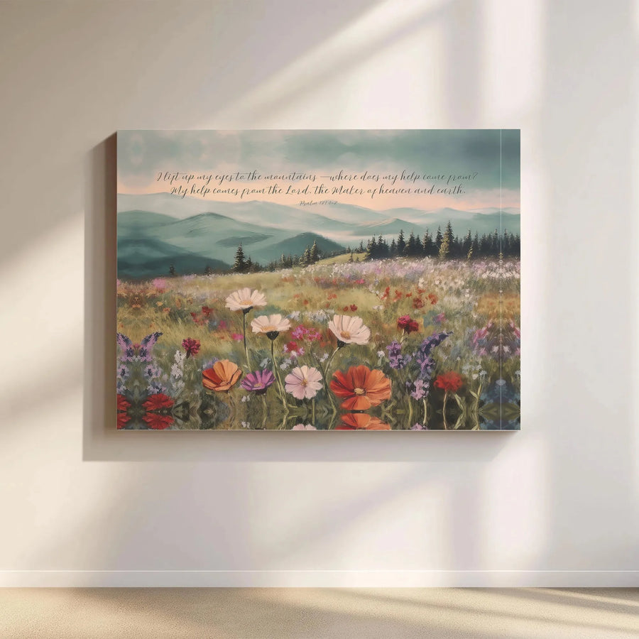 Psalm 121 Canvas Print | I Lift Up My Eyes Mountain Wildflower Art | Gallery Quality Framed Wall Decor | Christian Home Gift For Believers