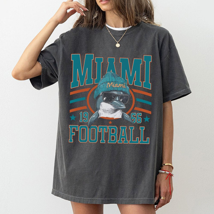 Miami 1966 Football With Dolphin Mascot Wearing Beanie And Sunglasses T-Shirt