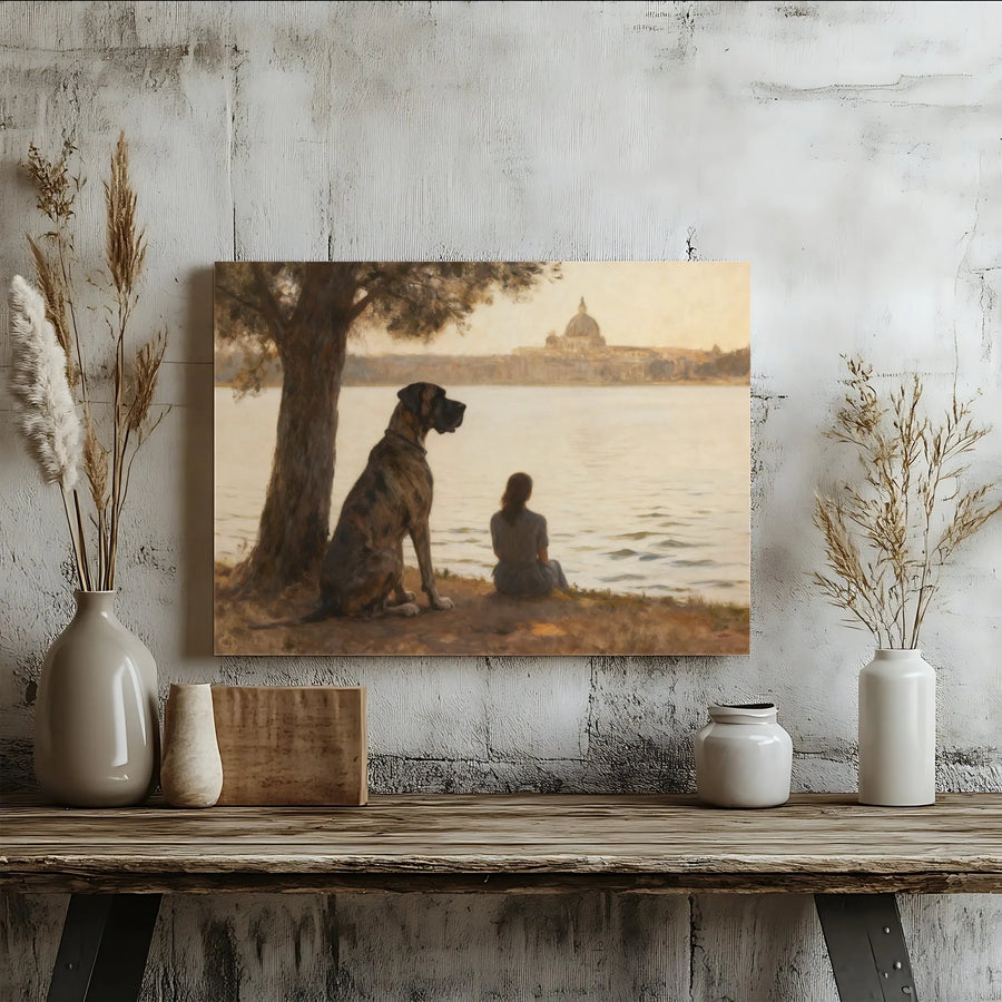 Great Dane and Woman Canvas Wall Art | Classical Landscape Oil Painting Print | Premium 1.25 Inch Gallery Wrap | Dog Lover Home Decor Gift