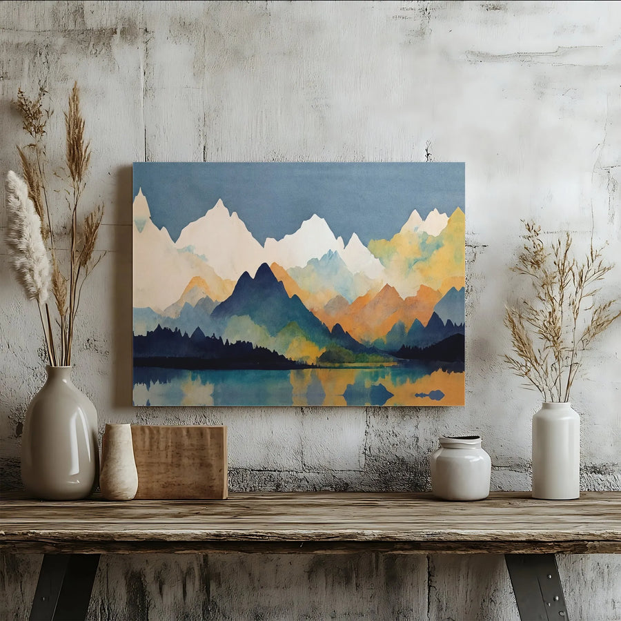 Abstract Mountain Wall Art | Watercolor Lake Reflection Print | Premium Gallery Wrapped Canvas | Modern Living Room Decor Gift