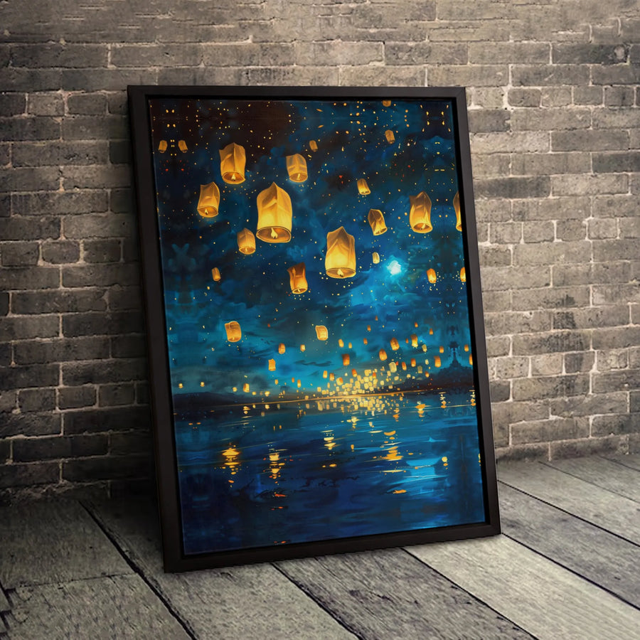 Floating Sky Lanterns Canvas Wall Art | Night Sky Lake Reflection Print | Gallery-Quality 1.25" Profile | Serene Home Decor Gift