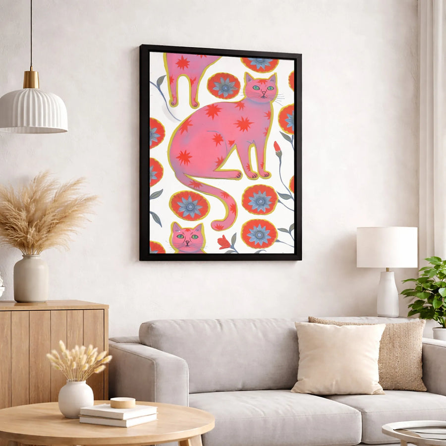 Pink Cat Wall Art | Folk Art Floral Star Pattern Canvas | 1.25-Inch Gallery Wrap Print | Whimsical Animal Decor Gift for Cat Lovers
