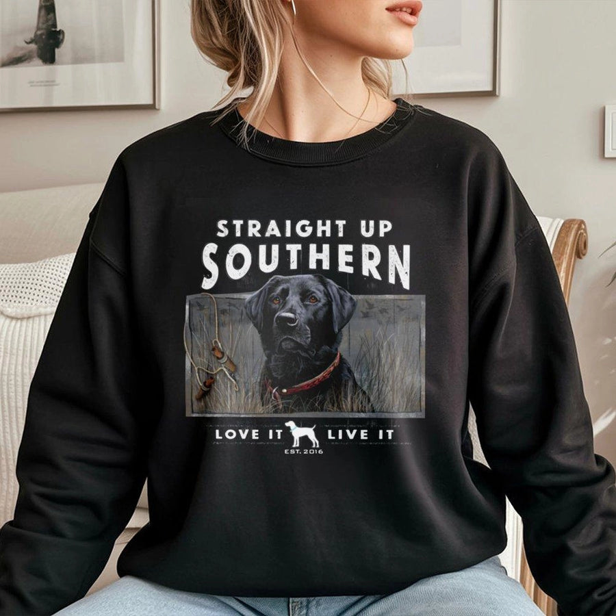 Black Labrador Sweatshirt | Straight Up Southern Duck Hunting Graphic | Premium Cotton Blend | Gift For Hunters And Dog Lovers