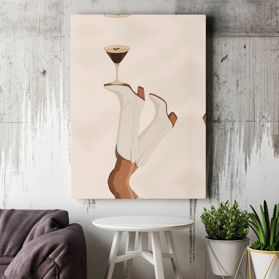 Espresso Martini Wall Art | White Cowboy Boots Print | Premium Gallery Wrapped Canvas | Western Bar Cart Decor & Aesthetic Kitchen Gift