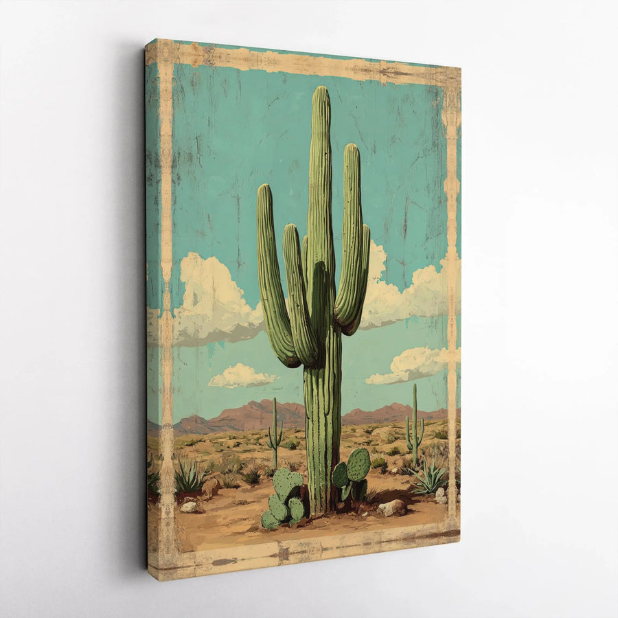 Vintage Saguaro Cactus Wall Art | Desert Landscape Gallery Print | Premium 1.25" Thick Canvas | Southwestern Home Decor Gift