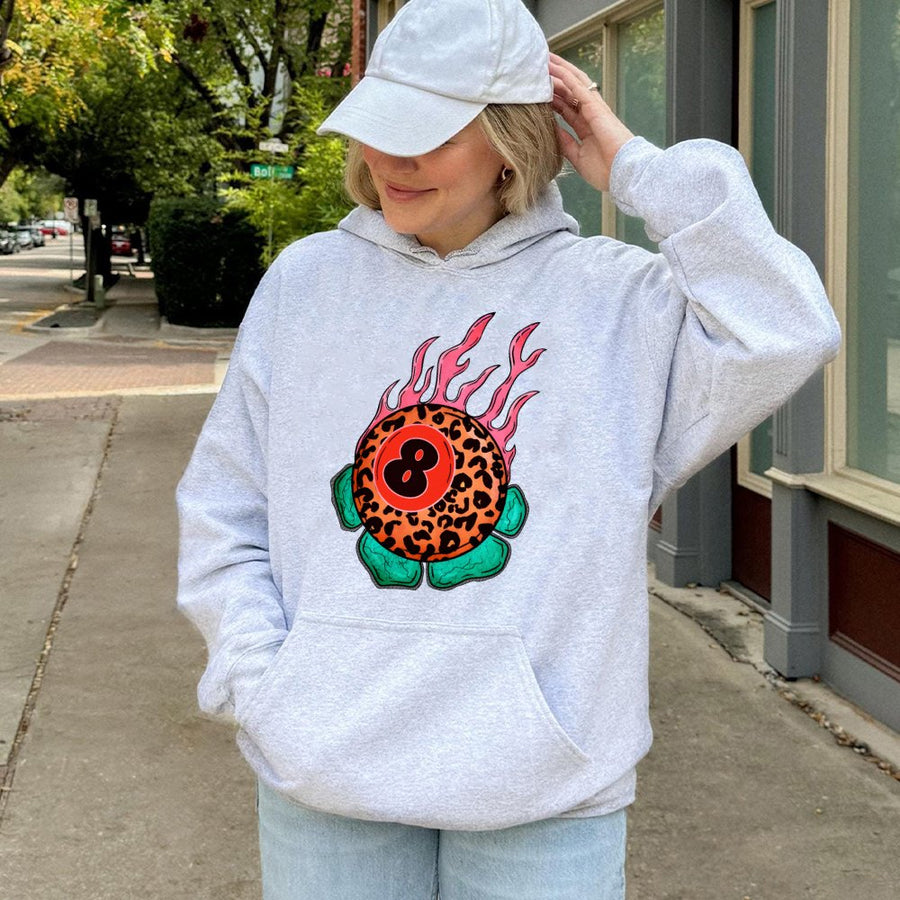 8 Ball Hoodie | Leopard Print Flaming Billiards Graphic | Premium Cotton Blend Pullover | Trendy Unisex Streetwear Gift for Her