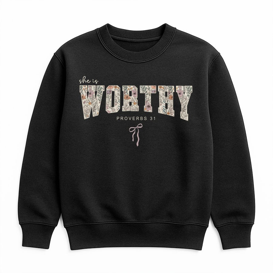She Is Worthy Sweatshirt | Floral Proverbs 31 Bible Verse Graphic | Premium Cotton Blend Crewneck | Christian Faith Gift for Women