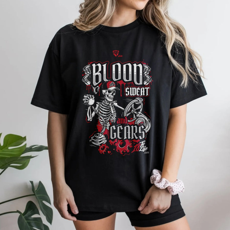 Blood Sweat And Gears T-Shirt | Mechanic Skeleton Graphic Tee | Premium Cotton Casual Wear | Gift For Truckers, Diesel Mechanics & Gearheads