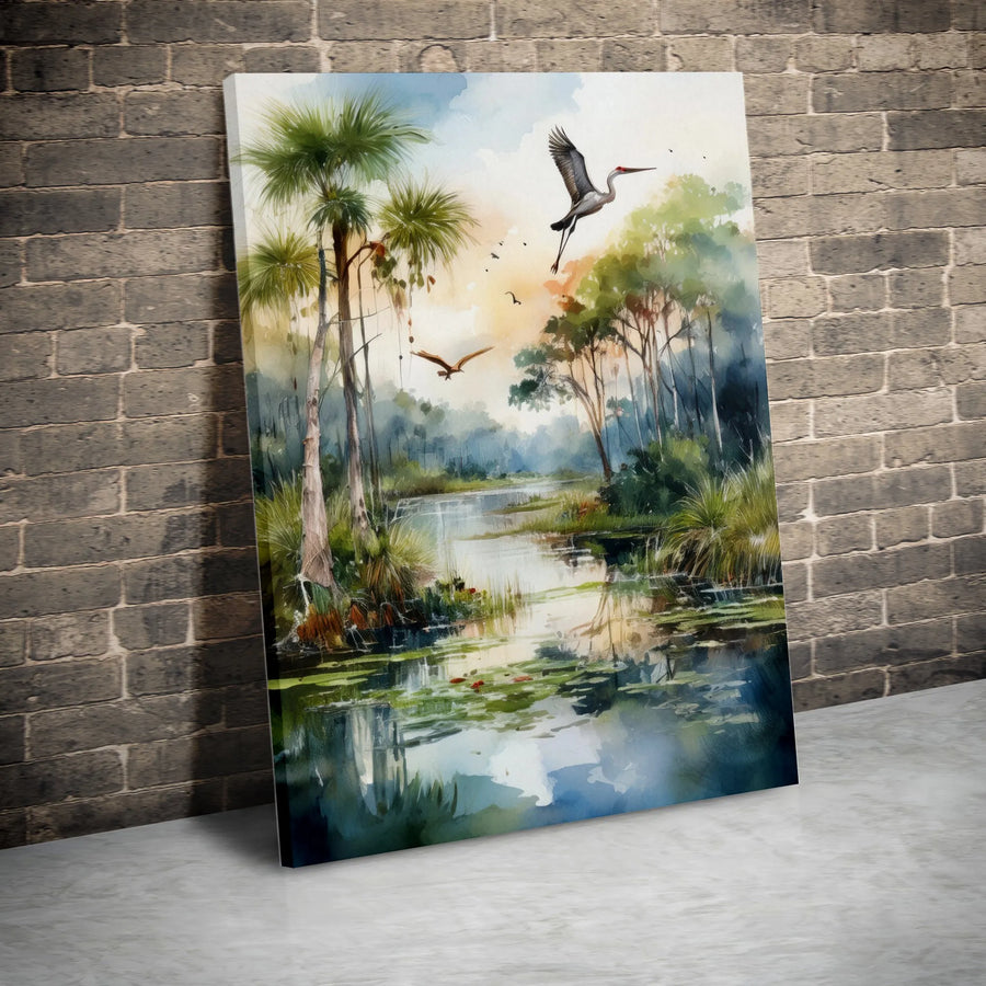 Florida Swamp Canvas Wall Art | Watercolor Heron & Palm Trees Painting | Premium Fade-Resistant Print | Rustic Nature Home Decor Gift