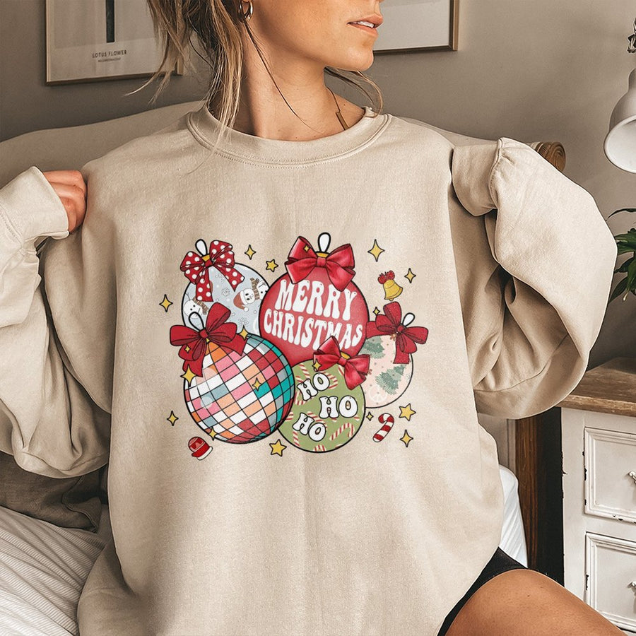 Retro Christmas Ornaments Sweatshirt | Disco Ball Holiday Graphic | Soft Cotton-Poly Blend | Festive Coquette Bow Gift for Women