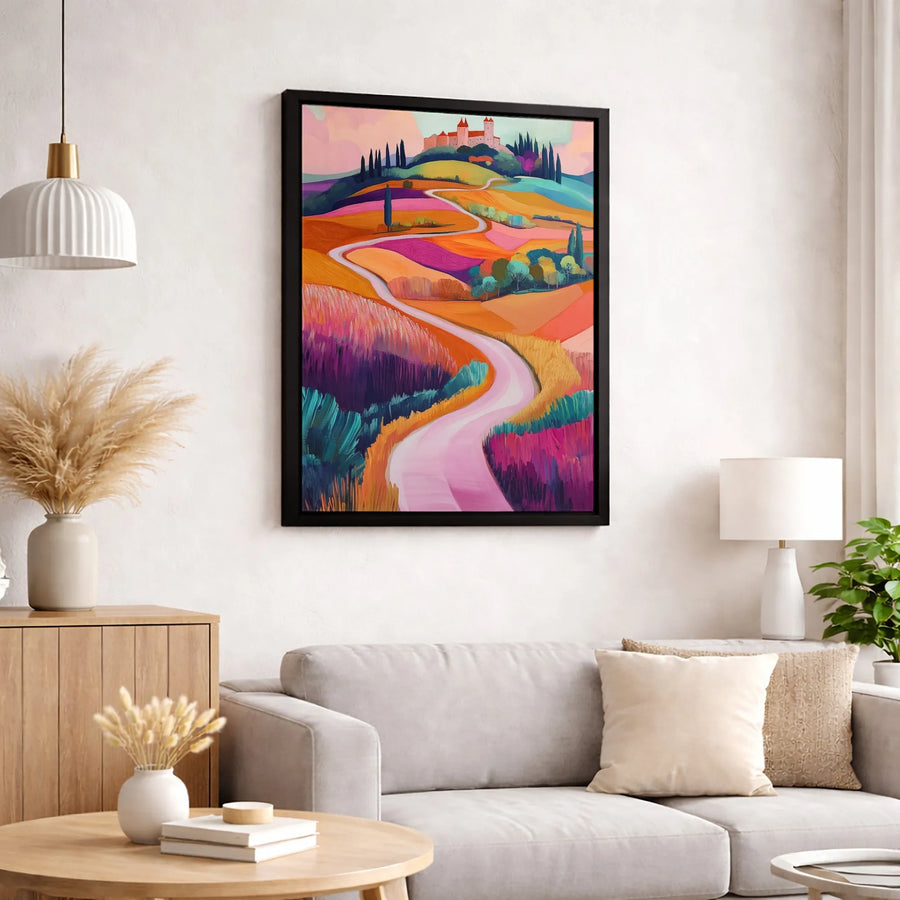 Tuscan Landscape Canvas Print | Vibrant Winding Road to Castle | Gallery-Grade 1.25" Profile | Premium Art Decor for Home or Office
