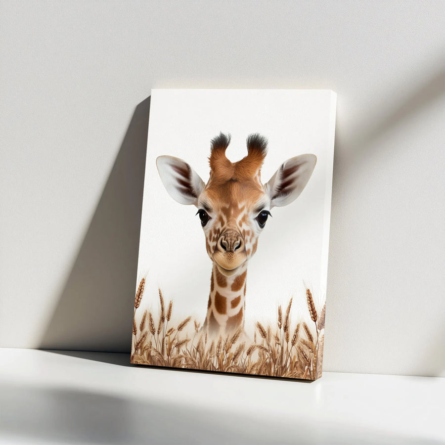 Baby Giraffe Canvas Wall Art | Cute Safari Animal Portrait in Wheat Field | Premium Gallery Wrapped Canvas | Nursery Decor Gift for Kids Room