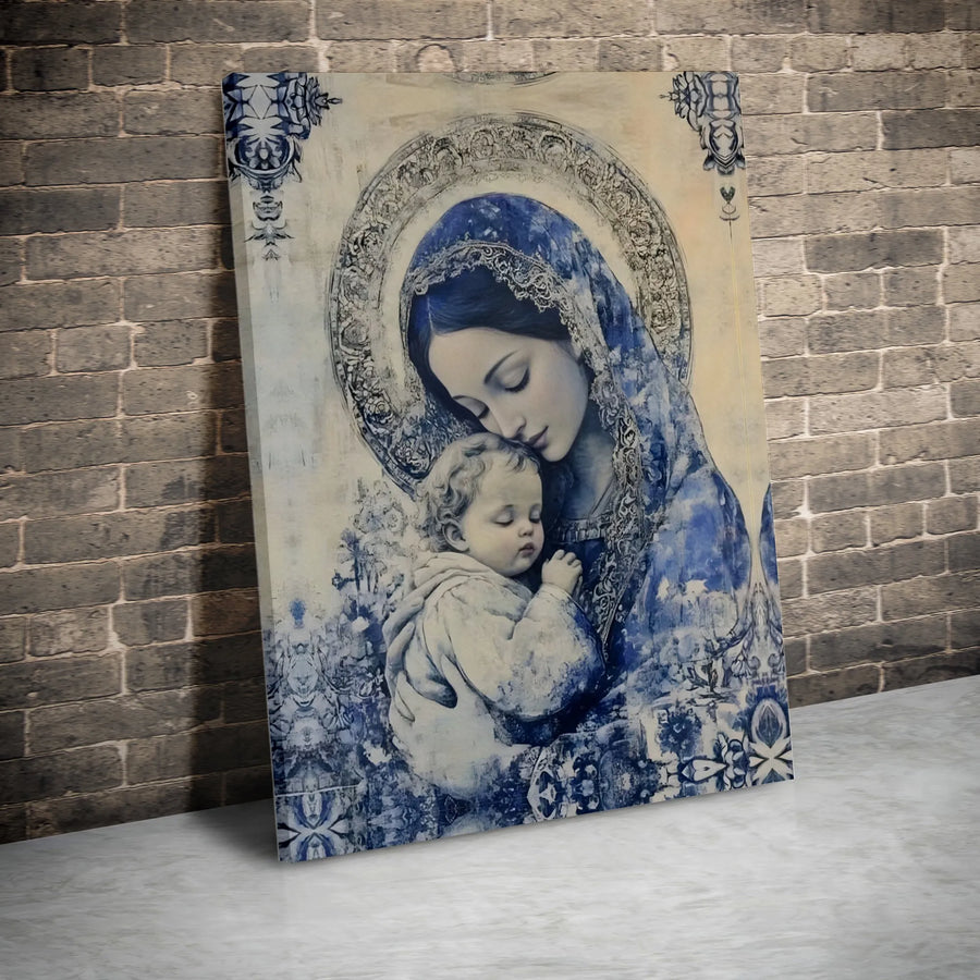 Madonna and Child Wall Art | Blue & White Vintage Style Portrait | Premium Gallery Wrap Canvas | Christian Home Decor Religious Gift