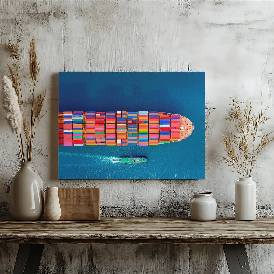 Container Ship Canvas Wall Art | Aerial Ocean View | Premium 1.25-Inch Gallery Wrap | Modern Office or Nautical Home Decor