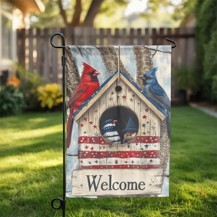 Patriotic Birdhouse Garden Flag | Welcome Yard Decor with Red Cardinal & Blue Bird | Weather-Resistant Polyester | 4th of July Summer Outdoor Gift