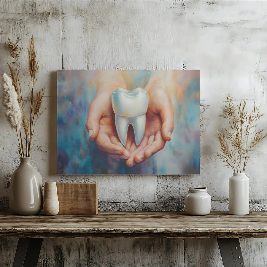 Dentist Office Wall Art | Hands Holding Molar Tooth Canvas Print | 1.25 Inch Gallery Wrap | Professional Dental Clinic Decor Gift