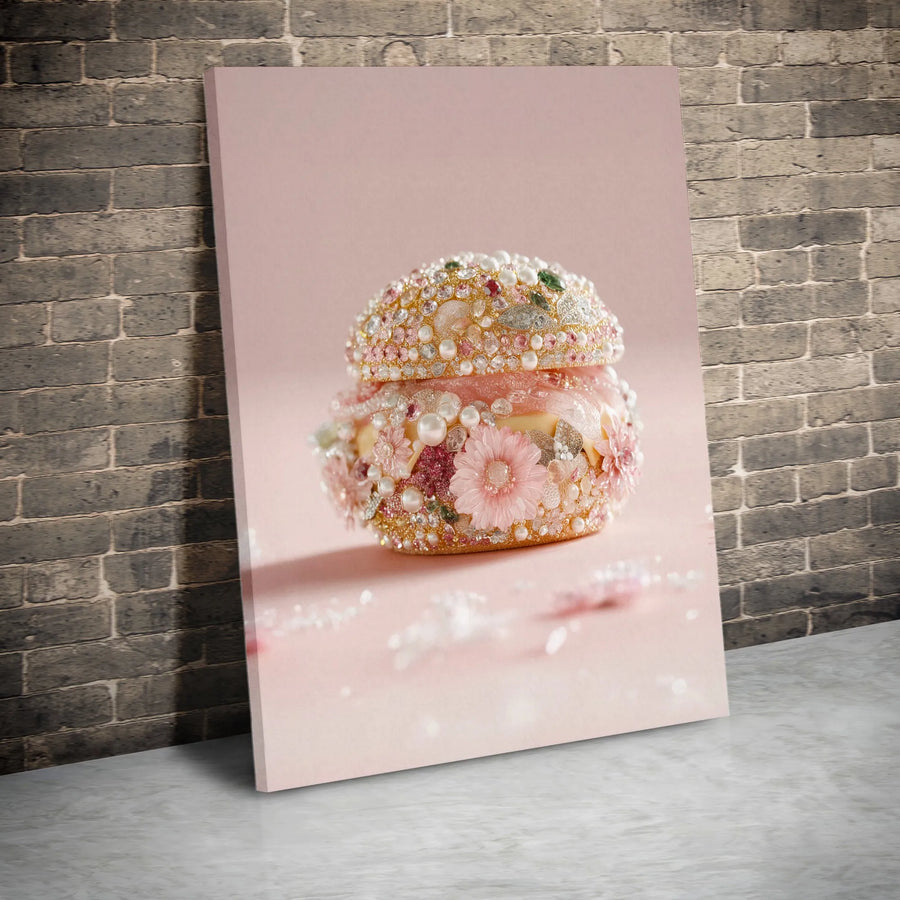 Jeweled Macaron Canvas Print | Glamorous Food Art with Pink Flowers & Pearls | Premium Gallery Wrap | Unique Fashion Wall Decor Gift for Her