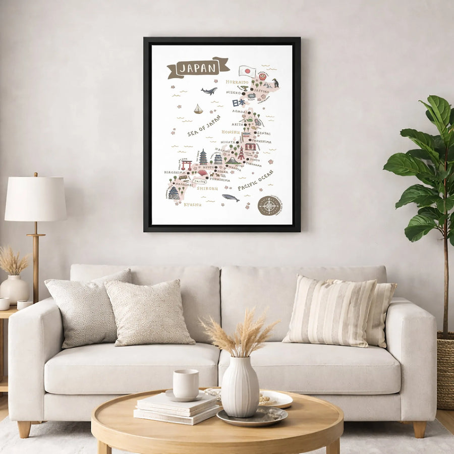 Japan Illustrated Map Print | Travel Wall Art with Landmarks | Premium Gallery Canvas | Home Decor Gift for Travelers