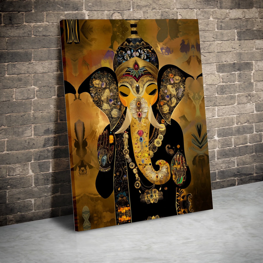 Ganesha Wall Art Canvas | Ornate Gold Abstract Elephant Print | Premium Gallery Wrapped Artwork | Spiritual Home Decor Gift for Meditation Room