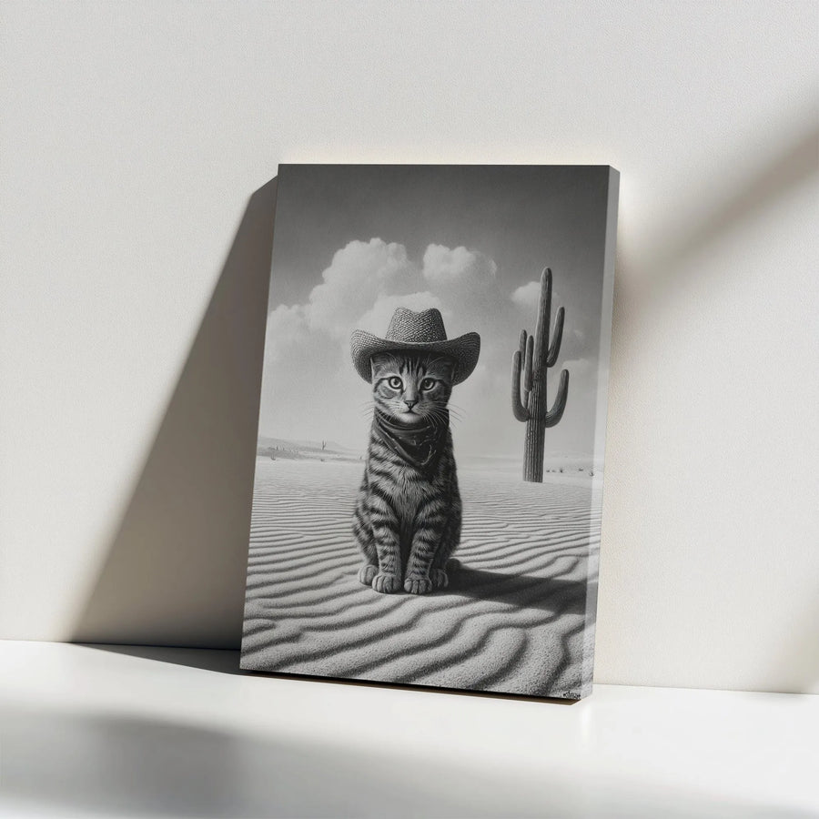 Cowboy Kitten Canvas Wall Art | Funny Black & White Western Cat Portrait | Premium Frameless Gallery Wrap | Unique Gift for Cat Lover Farmhouse Decor