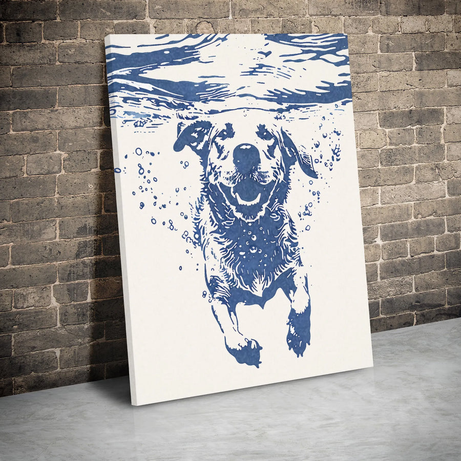 Dog Swimming Underwater Canvas Wall Art | Blue and White Illustration | 1.25 Inch Gallery Wrap | Modern Home Decor Gift for Dog Lovers