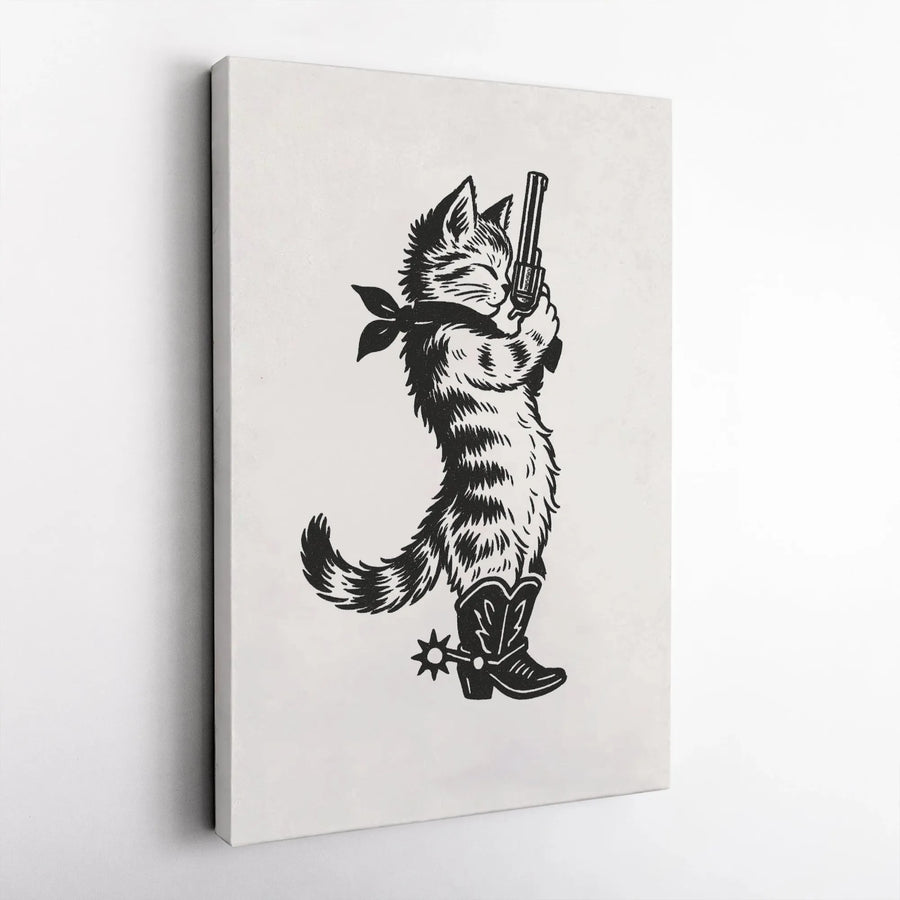 Cowboy Cat Wall Art | Western Pistol-Packing Kitty Print | Premium Gallery Wrapped Canvas | Quirky Home Decor Gift for Cat Lovers